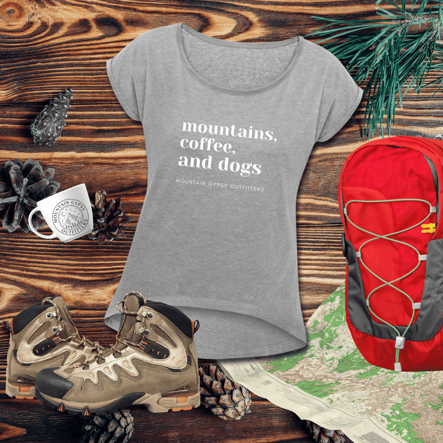 Mountains, Coffee, Dogs Roll Cuff Tee