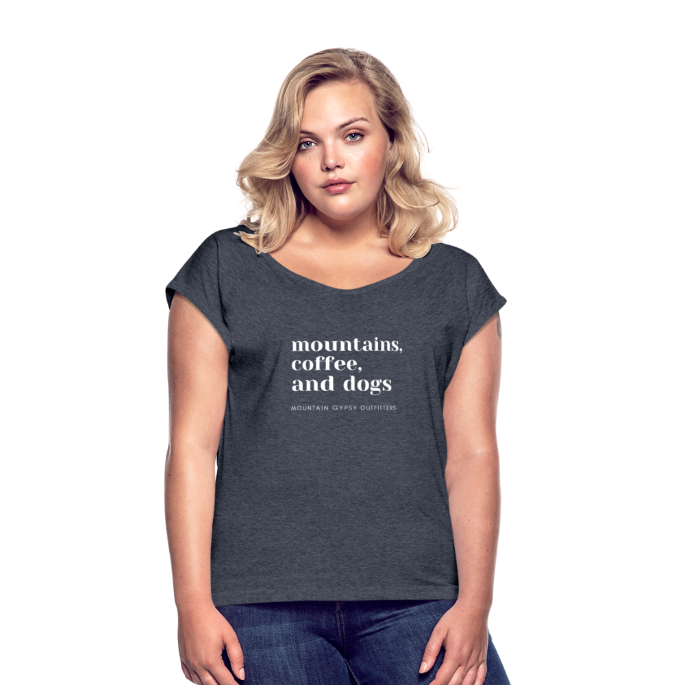 Mountains, Coffee, Dogs Roll Cuff Tee - navy heather