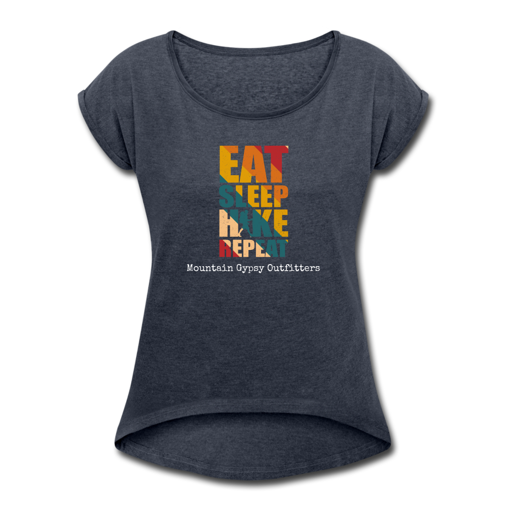 Eat, Sleep, Hike Roll Cuff Tee - navy heather