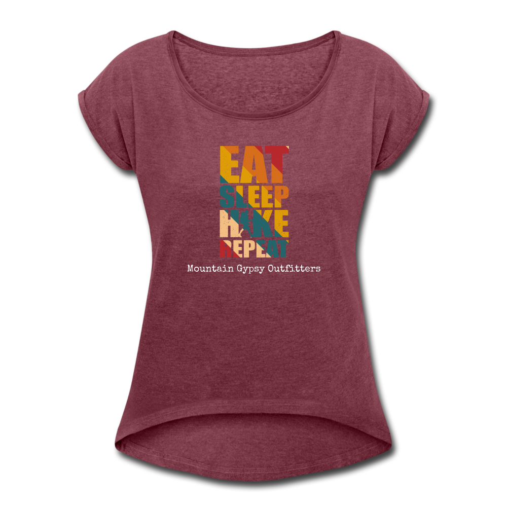 Eat, Sleep, Hike Roll Cuff Tee - heather burgundy