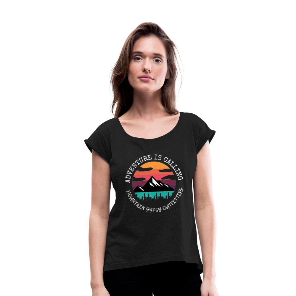 Adventure Is Call Roll Cuff Tee - black