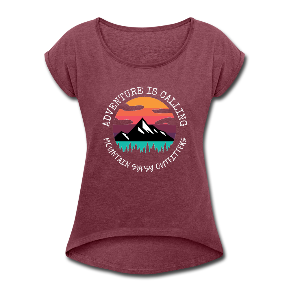 Adventure Is Call Roll Cuff Tee - heather burgundy