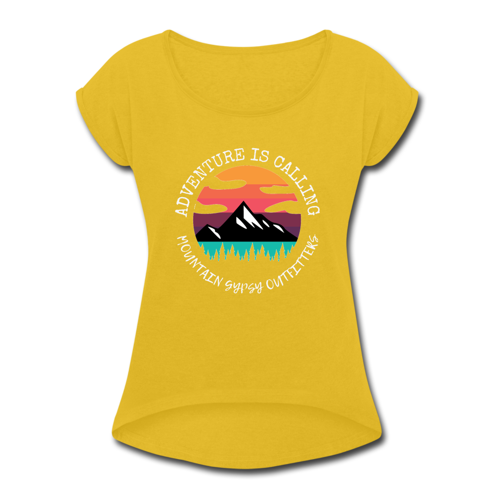 Adventure Is Call Roll Cuff Tee - mustard yellow