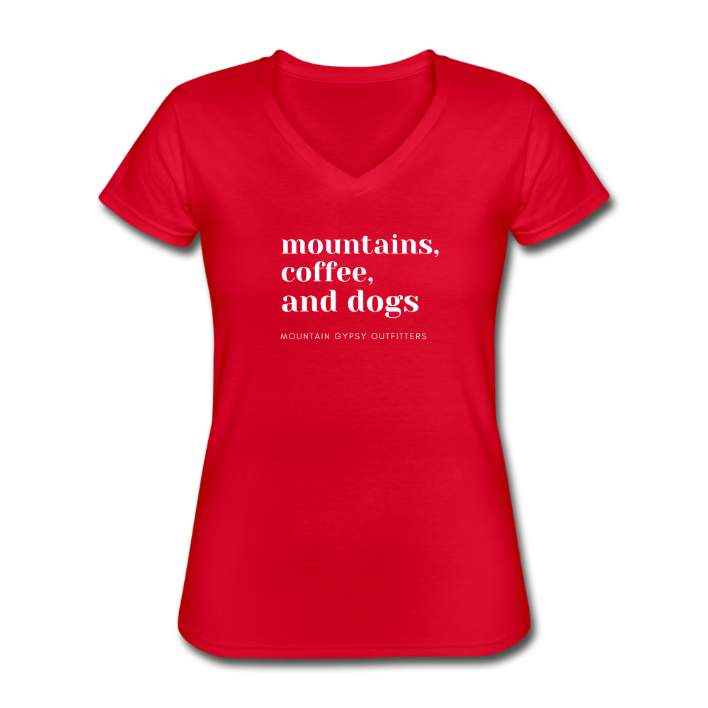 Mountains, Coffee, Dogs V-neck Tee - red