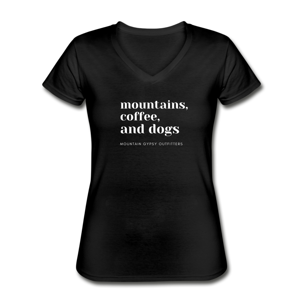 Mountains, Coffee, Dogs V-neck Tee - black